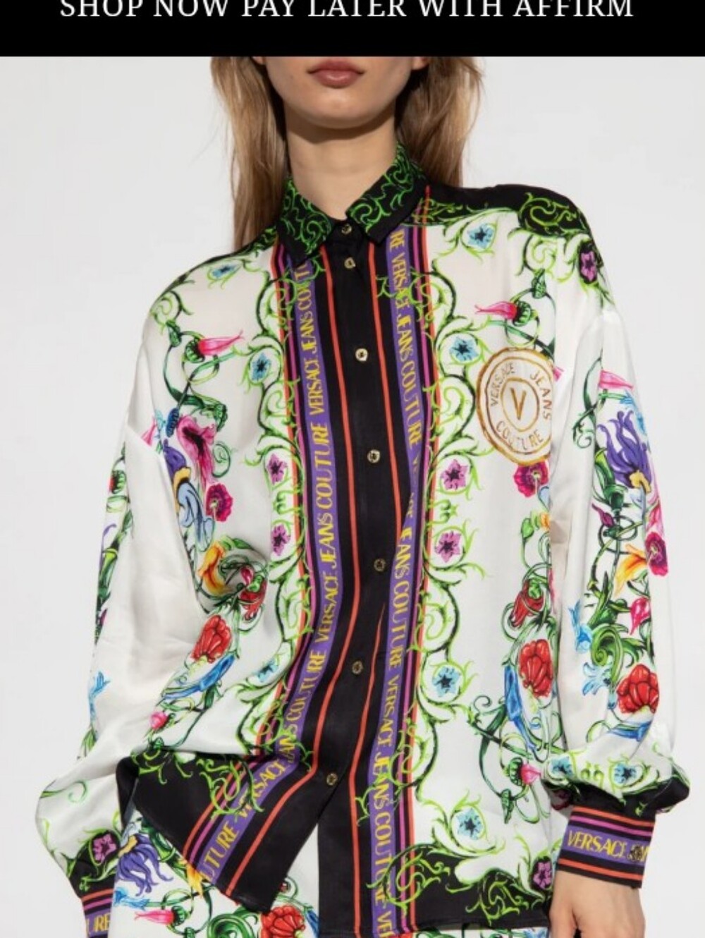 Versace Jeans Couture  White Floral-Print Silk Button-Down Shirt Size US 6